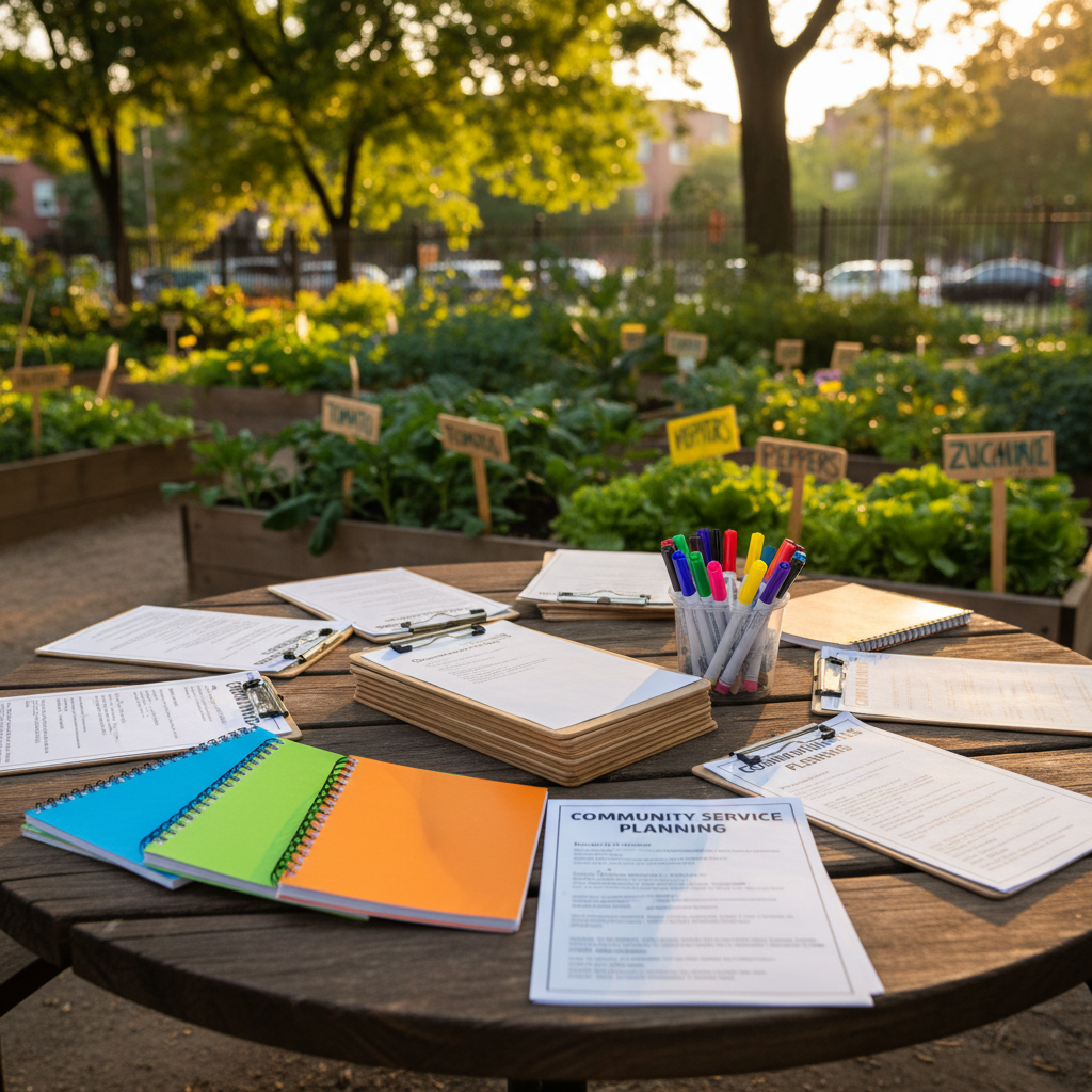 A close-up, photographic image of a round wooden table in a small Queens neighborhood park, covered with materials for a youth leadership workshop: bright spiral notebooks, neatly stacked clipboards, color-coded markers, and printed agendas labeled “Community Service Planning.” In the background, slightly out of focus, raised garden beds filled with leafy green plants and small signs labeled with vegetable names create a sense of growth and care. Soft golden hour sunlight filters through nearby trees, casting dappled patterns on the table surface. Shot at a shallow depth of field from table height, the mood is optimistic, collaborative, and forward-looking, highlighting youth empowerment and organized community engagement.