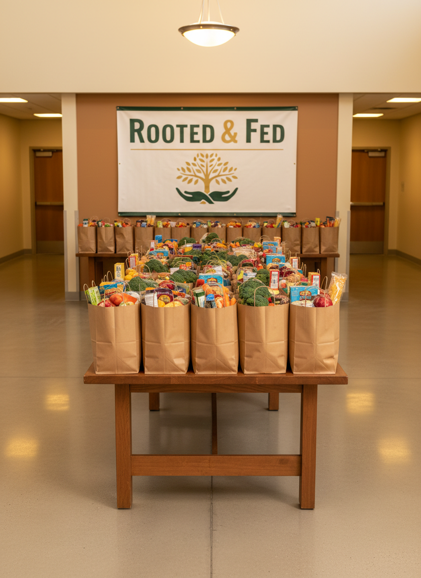 A warmly lit community center foyer with a long, neatly arranged table lined with brown paper grocery bags, each carefully packed with canned goods, fresh vegetables, and staple foods. On the wall behind, a large, professionally printed banner reads “Rooted & Fed” with a stylized tree logo whose branches form interconnected hands, in deep green and rich gold tones. Diffused overhead lighting creates an inviting glow, with soft reflections on the polished floor. Photographic realism, captured from a slightly elevated, wide-angle perspective, showing clear pathways and organized supplies. The mood is welcoming and professional, emphasizing compassion, structure, and readiness to serve the neighborhood.